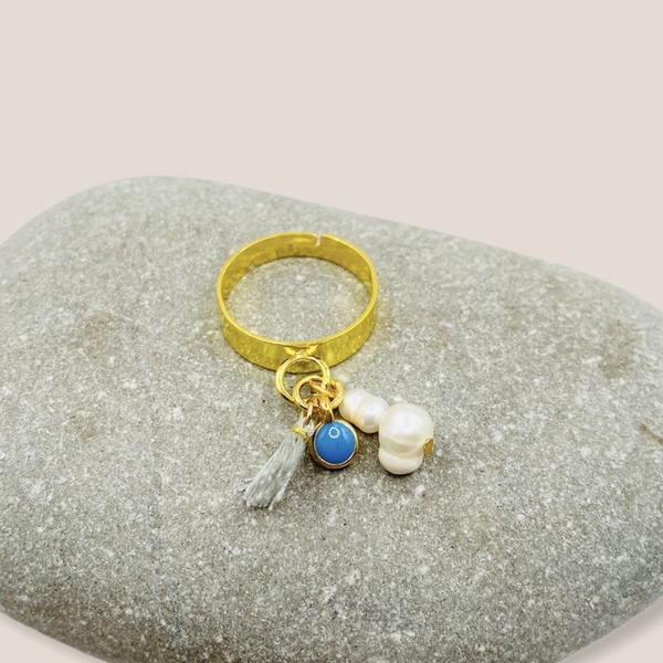 Δαχτυλίδι με κρεμαστά - Pearly blue - μαργαριτάρι, επιχρυσωμένα, ατσάλι, boho, αυξομειούμενα - 4