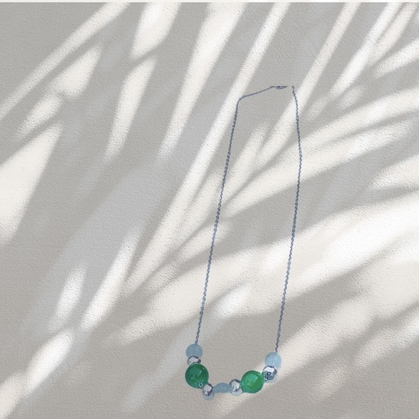 Κολιε από ανοξείδωτο ατσαλι με ακρυλικες γαλάζιες χάντρες ,πράσινες γυάλινες και επαργυρωμένες - ατσάλι - 3