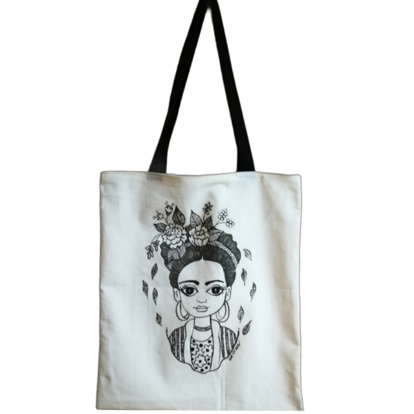 Τσάντα ζωγραφισμένη πανινη χειροποιητη ~30Χ35, οικολογική tote bag, shopper ΦΡΙΝΤΟΥΛΑ ασπρόμαυρη Φρίντα - ύφασμα, all day, πάνινες τσάντες - 2