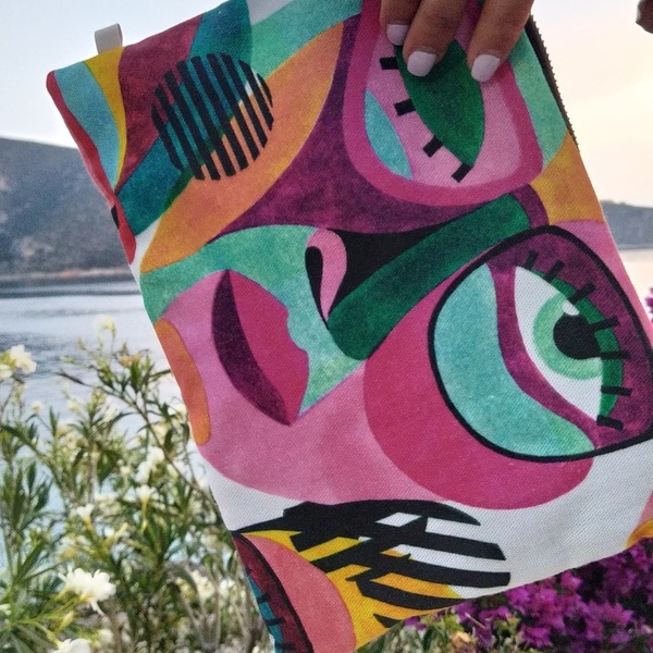 Pouch Abstract Face - καλλυντικών, ταξιδίου, αξεσουάρ παραλίας, απαραίτητα καλοκαιρινά αξεσουάρ - 5
