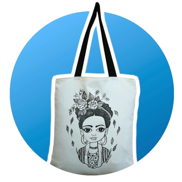 Τσάντα ζωγραφισμένη πανινη χειροποιητη ~30Χ35, οικολογική tote bag, shopper ΦΡΙΝΤΟΥΛΑ ασπρόμαυρη Φρίντα - ύφασμα, all day, πάνινες τσάντες - 3