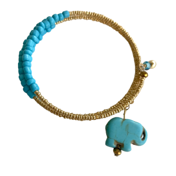 Βραχιόλι πολύσειρο γαλάζιο χρυσό με ελεφαντάκι - χάντρες, ελεφαντάκι, boho, πολύσειρα, χεριού