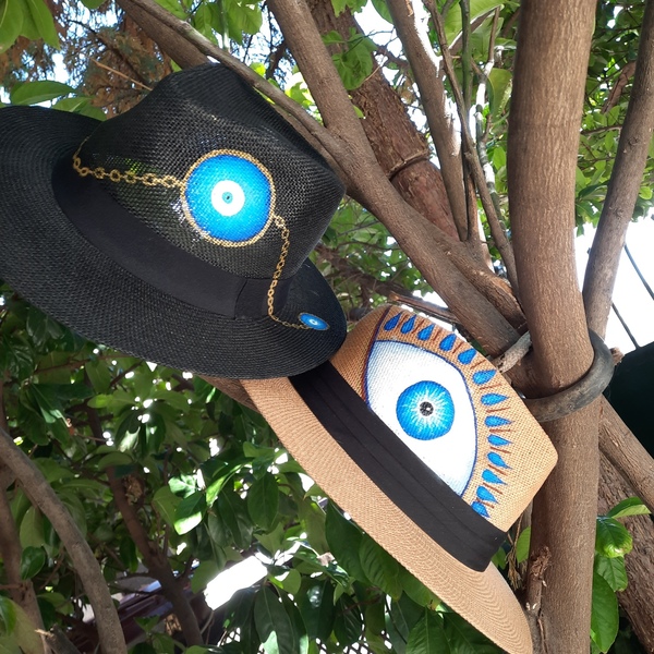 Evil eye hat - ζωγραφισμένα στο χέρι, χειροποίητα, απαραίτητα καλοκαιρινά αξεσουάρ, ψάθινα - 4
