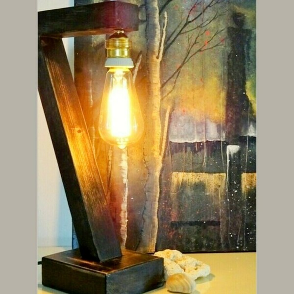 Μίνιμαλ Επιτραπέζιο Ξύλινο Φωτιστικό με vintage λάμπα - vintage, πορτατίφ - 4