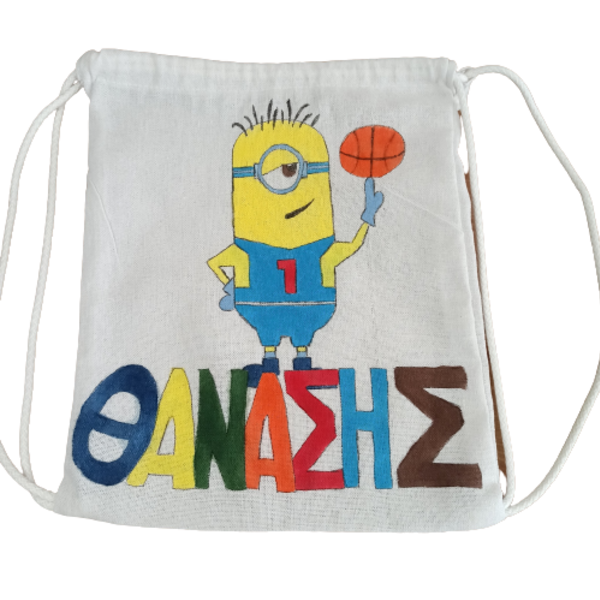 παιδικό τσαντάκι πλάτης με όνομα και θέμα ' minion basket player ' για αγόρια ( minions ) - όνομα - μονόγραμμα, τσαντάκια