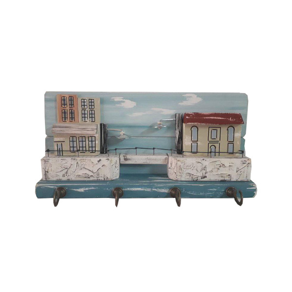 Κλειδοθήκη τοίχου ξύλινη χειροποίητη Πόλη με γέφυρα 30x14x9 πολύχρωμο Καπαδάκης - ζωγραφισμένα στο χέρι, δώρο, χειροποίητα, κλειδοθήκες, ξύλινα διακοσμητικά τοίχου