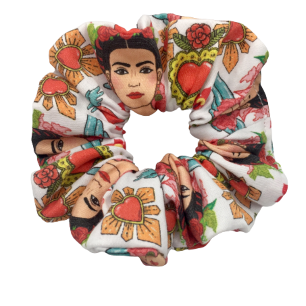 Υφασμάτινο λαστιχάκι scrunchie "Frida" - ύφασμα, για τα μαλλιά, frida kahlo, λαστιχάκια μαλλιών