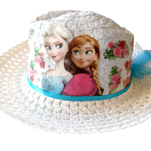 Παιδικό ψάθινο καπέλο Frozen με decoupage. - καπέλα, δώρο, απαραίτητα καλοκαιρινά αξεσουάρ, λουλούδια