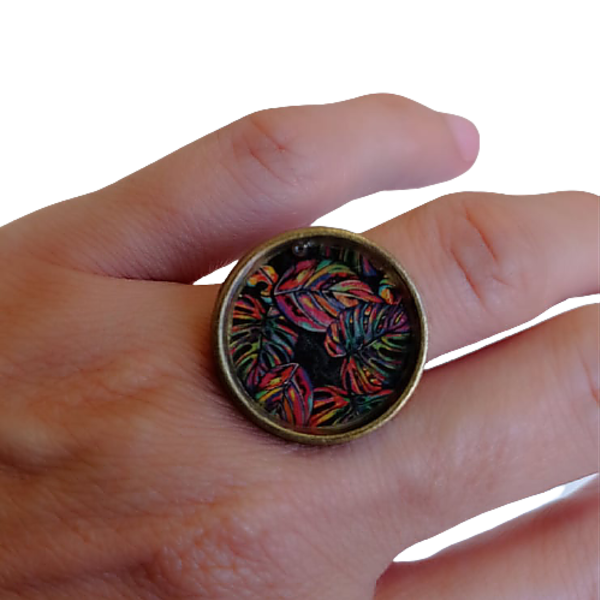 Δαχτυλίδι με υγρό γυαλί και πολύχρωμα φύλλα - γυαλί, φύλλο, μπρούντζος, μεγάλα, αυξομειούμενα, φθηνά - 3