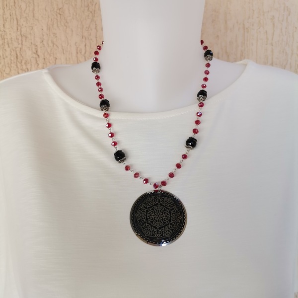 Κολιέ με μαύρο όνυχα και κόκκινα κρύσταλλα - ημιπολύτιμες πέτρες, χάντρες, κοντά, ροζάριο - 3