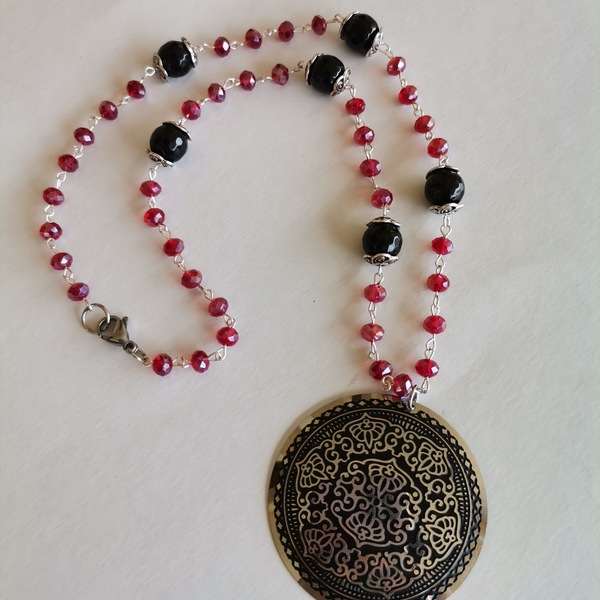 Κολιέ με μαύρο όνυχα και κόκκινα κρύσταλλα - ημιπολύτιμες πέτρες, χάντρες, κοντά, ροζάριο - 4