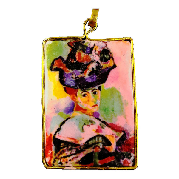 Μενταγιόν: Ματίς "Γυναίκα με καπέλο" 1905 Henry Matisse 6,5χ3,7 εκ. Επιχρυχωμένο ατσάλι, αλουμίνιο, κρύα πορσελάνη. - επιχρυσωμένα, πίνακες & κάδρα, χειροποίητα, ατσάλι, μενταγιόν