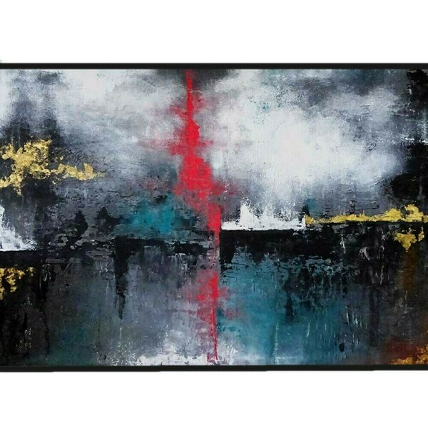 Μοντέρνος Πίνακας Ζωγραφικής 100Χ70cm, Ακρυλικά γκρι-κόκκινο-μαύρο-άσπρο χρώματα - πίνακες & κάδρα, καμβάς