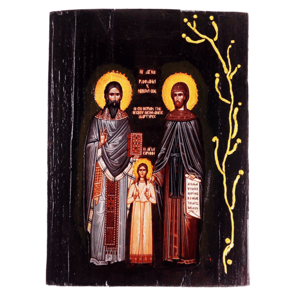Άγιοι Ραφαήλ, Νικόλαος Και Ειρήνη Χειροποίητη Ξύλινη Εικόνα 18x3x22cm - πίνακες & κάδρα, πίνακες ζωγραφικής