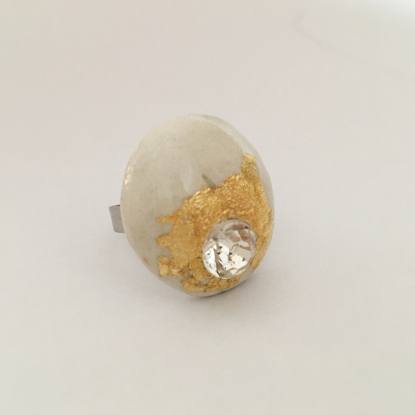 Πήλινο στρογγυλό δαχτυλίδι με χρυσό φύλλο κ ατσάλινη βάση - πηλός, ατσάλι, μεγάλα, αυξομειούμενα - 2