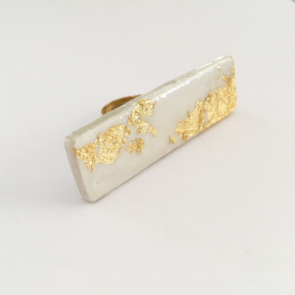 Πήλινο παραλληλόγραμμο δαχτυλίδι με χρυσό φύλλο κ ατσάλινη βάση - πηλός, ατσάλι, μεγάλα, αυξομειούμενα