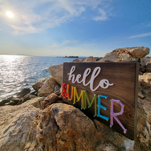 Ξύλινη mini πινακίδα με καρφιά & κλωστές "Hello Summer" 20x12cm - πίνακες & κάδρα, ξύλινα διακοσμητικά τοίχου, 3d εκτύπωση - 4