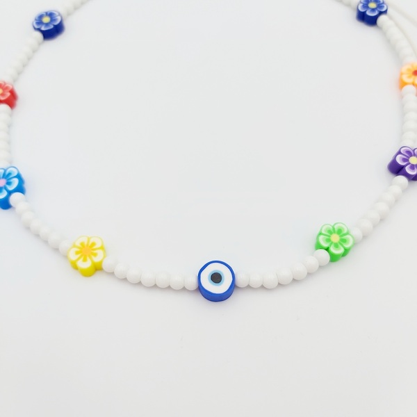 Κολιέ με λευκές γυάλινες χάντρες και πολύχρωμα στοιχεία Φίμο - μάτι, χάντρες, λουλούδι, boho, seed beads, candy - 3