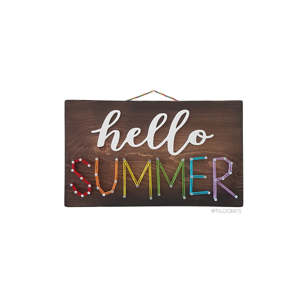 Ξύλινη mini πινακίδα με καρφιά & κλωστές "Hello Summer" 20x12cm - πίνακες & κάδρα, ξύλινα διακοσμητικά τοίχου, 3d εκτύπωση