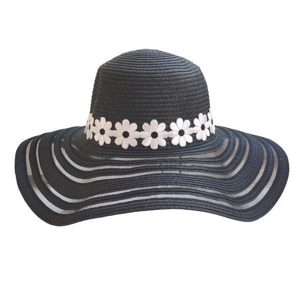 Ψάθινο καπέλο με ασπρόμαυρα λουλούδια - λουλουδάτο, ψάθινα