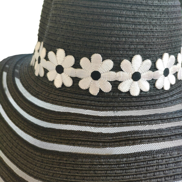 Ψάθινο καπέλο με ασπρόμαυρα λουλούδια - λουλουδάτο, ψάθινα - 2