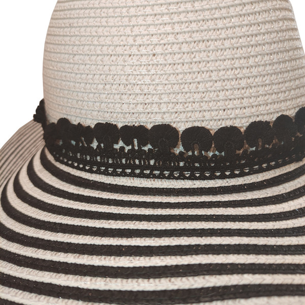 Ψάθινο ριγέ καπέλο με μαύρη τρέσα - ριγέ, boho, νυφικά, ψάθινα - 2