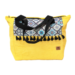 Κίτρινη πετσετέ XL χειροποίητη τσάντα με boho pattern - ώμου, all day, ύφασμα, μεγάλες, boho