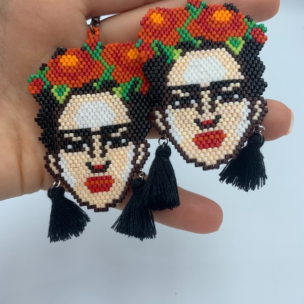 Σκουλαρίκια Frida Kahlo XXL - με φούντες, miyuki delica, κρεμαστά, μεγάλα, frida kahlo - 2