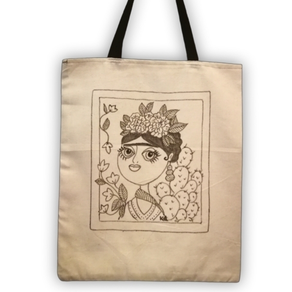 Ζωγραφισμενη οικολογική πάνινη τσάντα 32Χ38εκ , χειροποιητη tote bag, shopper ΦΡΙΝΤΟΥΛΑ ασπρόμαυρη Φρίντα, δωρο για γυναικες και κοριτσια - ύφασμα, ώμου, πάνινες τσάντες - 3
