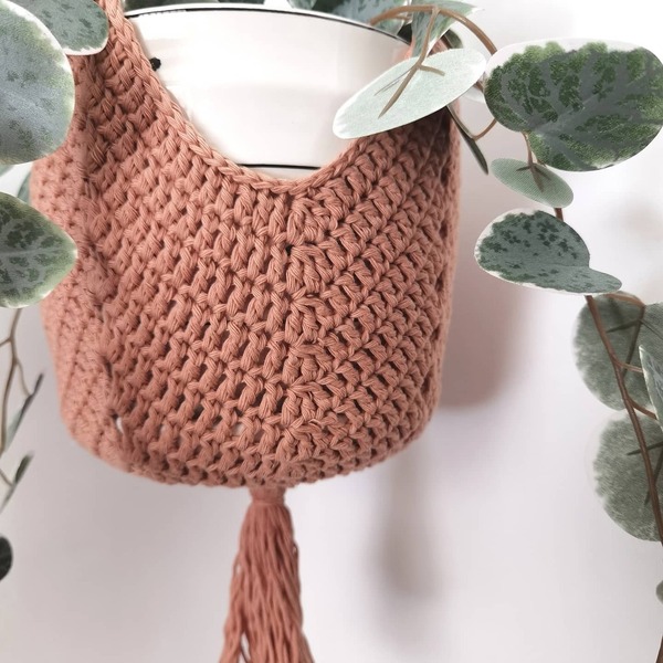 Πλεκτό κρεμαστό κασπό εσωτερικού χώρου, terracotta ανοικτό - κρεμαστά, χειροποίητα, διακοσμητικά, κασπώ - 3