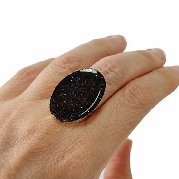 Δαχτυλίδι επίχρυσο οβάλ με μαύρο γκλίτερ - γυαλί, μεγάλα, αυξομειούμενα, φθηνά - 2