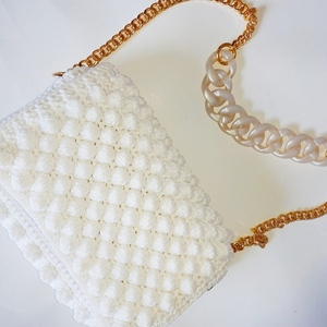 Λευκή τσάντα με bubbles και εντυπωσιακή αλυσίδα - νήμα, ώμου, πλεκτές τσάντες, βραδινές - 3