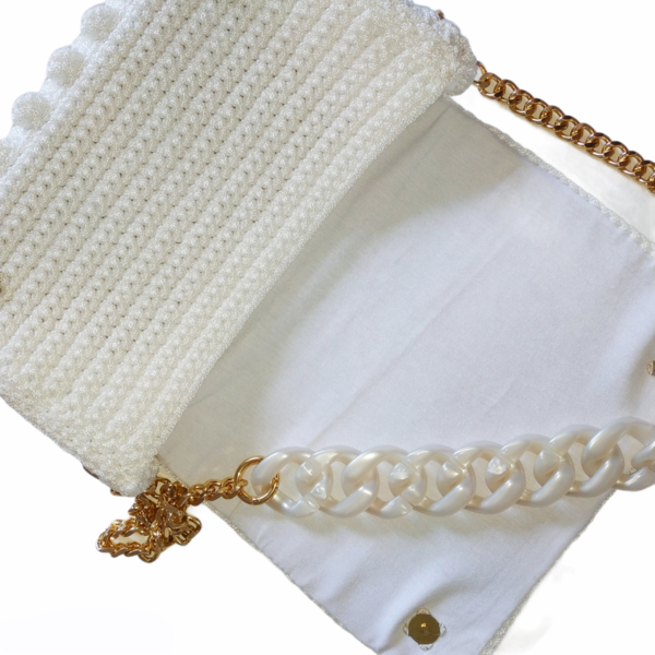 Λευκή τσάντα με bubbles και εντυπωσιακή αλυσίδα - νήμα, ώμου, πλεκτές τσάντες, βραδινές - 4