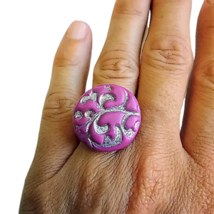 Δαχτυλίδι από φουξ fimo και ανάγλυφα λιλά - πηλός, boho, μεγάλα, αυξομειούμενα, φθηνά - 4