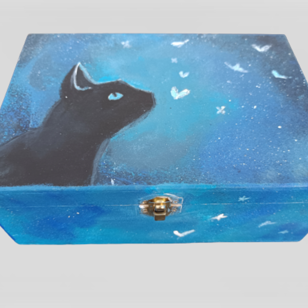 Ξύλινο κουτί για λάτρεις της γάτας - ξύλο, ζωγραφισμένα στο χέρι, κουτί, γατούλα
