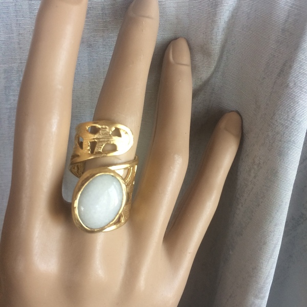 Μπρούντζινο επίχρυσο φαρδύ φιδωτό δαχτυλίδι με λευκό αχάτη - ημιπολύτιμες πέτρες, επιχρυσωμένα, μπρούντζος, μεγάλα, αυξομειούμενα - 2