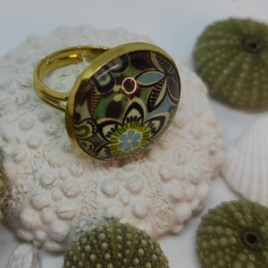 Δαχτυλίδι στρογγυλό με φλοράλ σχέδιο σε πράσινο κ μπλε. - γυαλί, μικρά, ατσάλι, αυξομειούμενα, φθηνά - 2