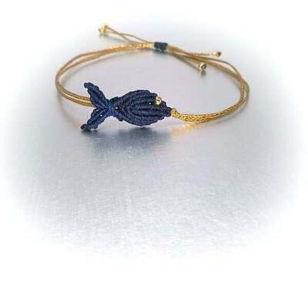 Βραχιόλι Χρυσό μακραμε Blue Navy Ψάρι με Χρυσή χάντρα - μακραμέ, χάντρες, χεριού, αυξομειούμενα, φθηνά - 2