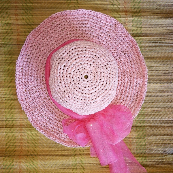 Χειροποίητο παιδικό πλεκτό ροζ ψάθινο καπέλο με γείσο - καπέλα, ψάθινα - 2