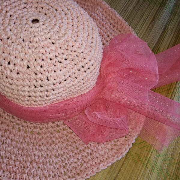 Χειροποίητο παιδικό πλεκτό ροζ ψάθινο καπέλο με γείσο - καπέλα, ψάθινα - 3