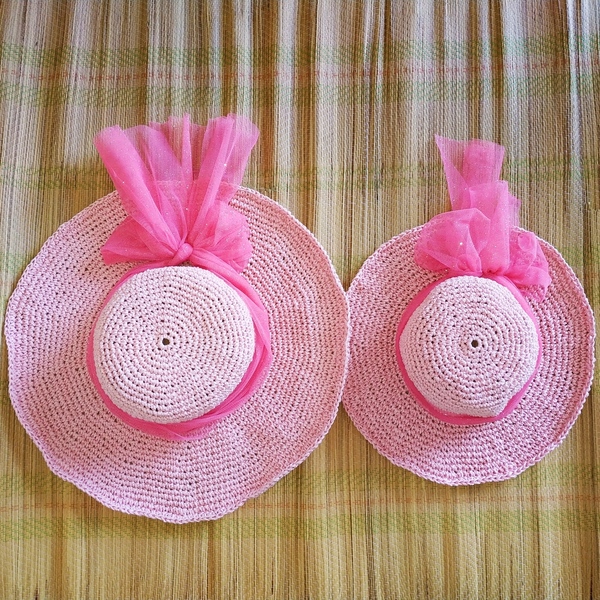 Χειροποίητο παιδικό πλεκτό ροζ ψάθινο καπέλο με γείσο - καπέλα, ψάθινα - 4