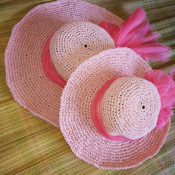 Χειροποίητο παιδικό πλεκτό ροζ ψάθινο καπέλο με γείσο - καπέλα, ψάθινα - 5