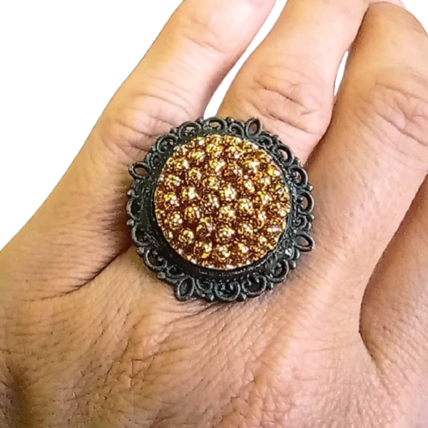 Δαχτυλίδι στρόγγυλο σε μπρούντζινη βάση με χρυσή κυψέλη - γυαλί, μπρούντζος, μεγάλα, αυξομειούμενα, φθηνά - 4