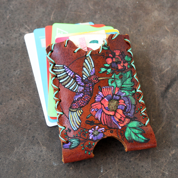 Γυναικείο Δερμάτινο Πορτοφόλι Καρτών Tropical ζωγραφισμένο και ραμμένο στο χέρι - δέρμα, γυναικεία, φθηνά - 5