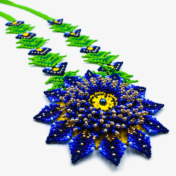 Κολιέ μακρύ με μπλε λουλούδι από γυάλινες χάντρες 42εκ. - χάντρες, miyuki delica, μακριά, λουλούδι, μεγάλα - 2