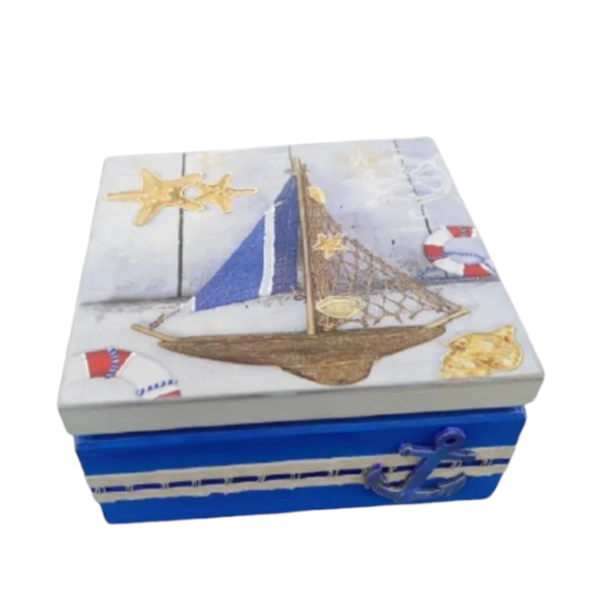 Κουτί Ξύλινο αποθήκευσης 16,5cm x16,5cm x7,5cm Μπλε Καραβάκι - μπλε, ξύλο, οργάνωση & αποθήκευση, καράβι