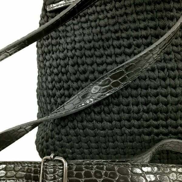 Μαύρο πλεκτό σακίδιο πλάτης με croco λεπτομέρειες - πλάτης, μεγάλες, all day, πλεκτές τσάντες - 2