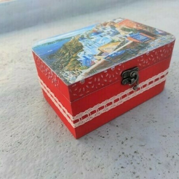 Κουτί Ξύλινο Κόκκινη Σαντορίνη 18cm x13cm x 8,5cm - ξύλο, οργάνωση & αποθήκευση, δώρα για γυναίκες - 4