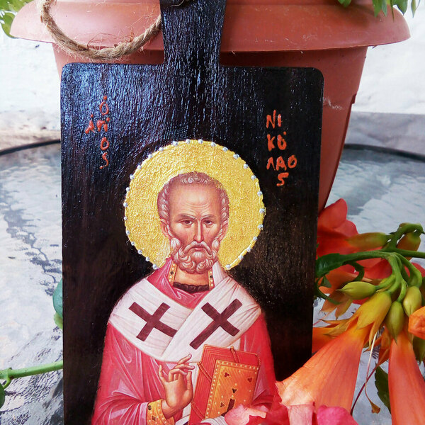 Εικόνα Του Αγίου Νικολάου Σε Mini Ξύλο Κοπής 10x21cm - πίνακες & κάδρα, πίνακες ζωγραφικής - 2