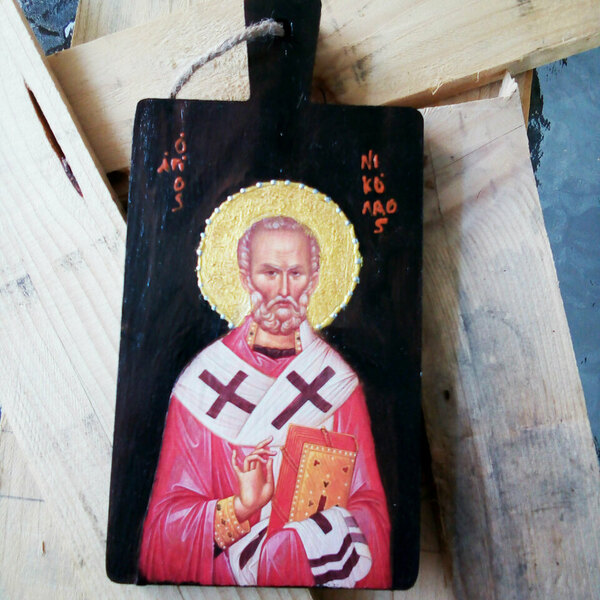 Εικόνα Του Αγίου Νικολάου Σε Mini Ξύλο Κοπής 10x21cm - πίνακες & κάδρα, πίνακες ζωγραφικής - 4